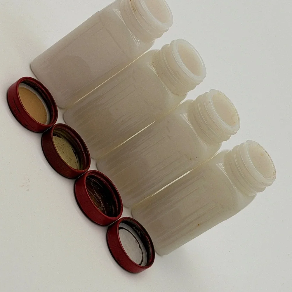 Vintage Milk Glass Spice Jars Set of 4 Art Deco Ribbed Red Metal Lids White